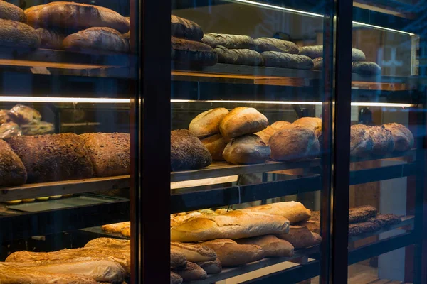Closeup Fresh Breads Assortment Bakery Showroom Morning — Stock Photo, Image