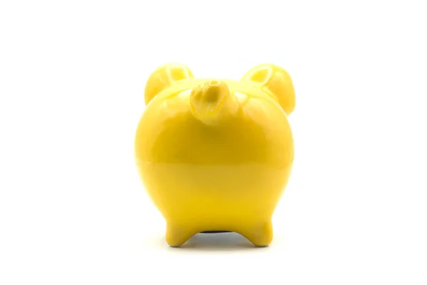 Closeup Yellow Piggy Bank Back View White Background — Stock Photo, Image