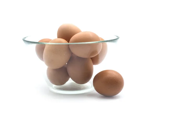 Closeup Fresh Organic Eggs Transparent Bowl White Background — Stock Photo, Image