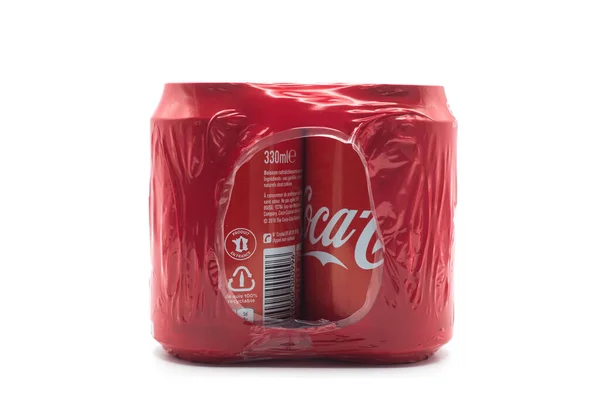法国Mulhouse 2020年12月3日 关闭白色背景的一袋古柯 可乐罐 — 图库照片