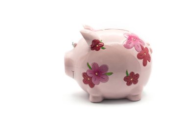 Pembe çiçeklerin kapanışı domuz kumbarası beyaz arka planda profil görüntüsü