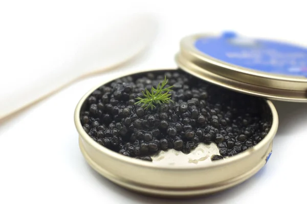 Closeup Caviar White Nacre Spoon Metalllic Box White Background — Stock Photo, Image