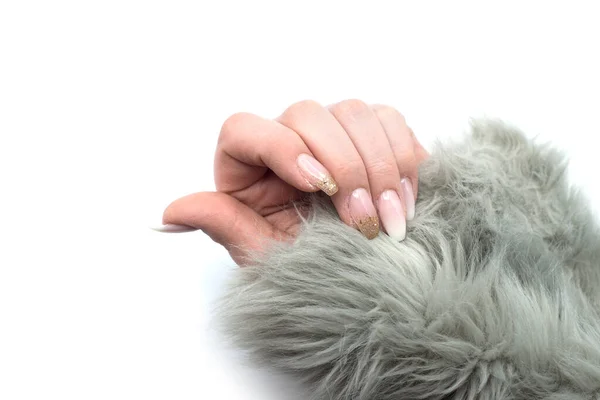 Крупный План Руки Женщины Красивыми Ногтями Белом Фоне — стоковое фото