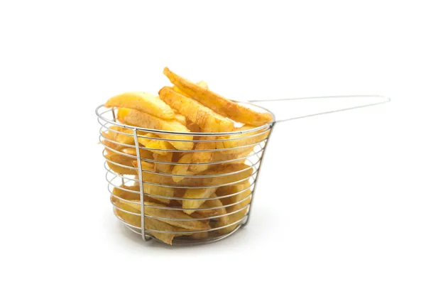 Closeup French Fries Small Metallic Basket White Background — Stock Photo, Image
