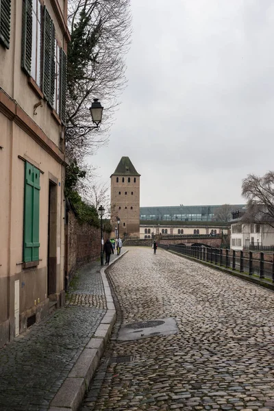 View Cobblestone Street Stoned Tower Background Little France Quarter Strasbourg — Stock Photo, Image