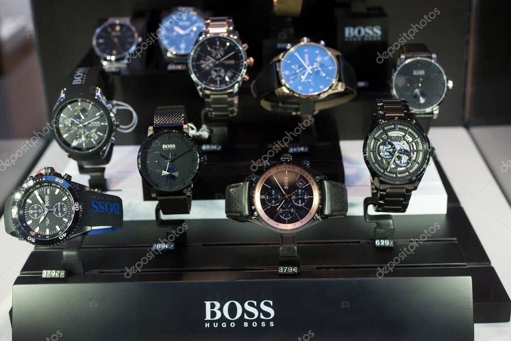 Strasbourg - France - 7 January 2021 - Closeup of watches by Hugo BOSS the famous luxury brand on accessories in a jewelry showroom