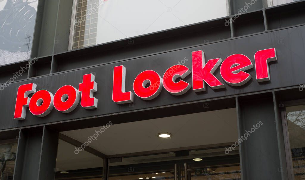 Strasbourg - France - 19 January 2021 - Closeup of foot Locker logo on the store front in the street