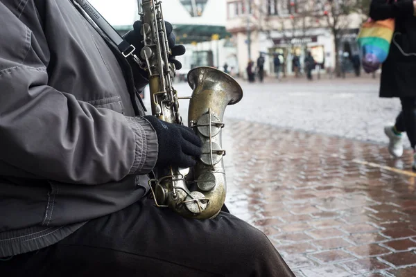 Closeup Saxophonist Playing Street — Stock Photo, Image