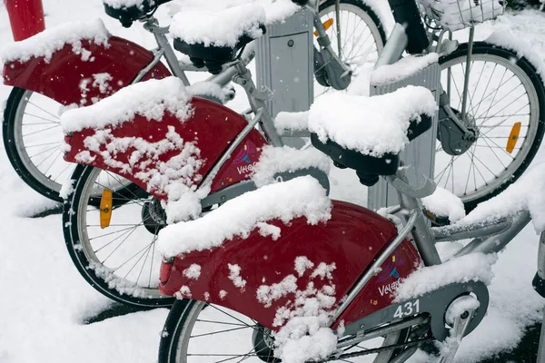 Mulhouse Francja Stycznia 2021 Zbliżenie Wypożyczalni Rowerów Stacji Pokrytej Śniegiem — Zdjęcie stockowe