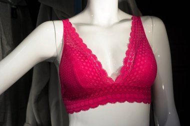 Moda mağazasının vitrininde pembe sutyenin yakın çekimi.