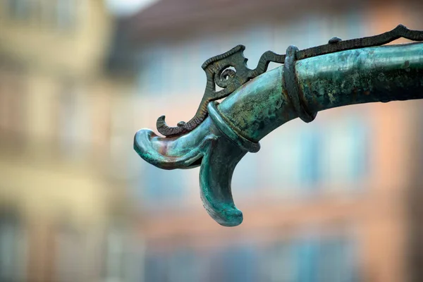 Closeup Vintage Fountain Medieval Buildings Background Colmar France — Stock Photo, Image