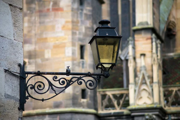 Closeup Vintage Street Light Medieval Cathedral Background Colmar France — Stock Photo, Image