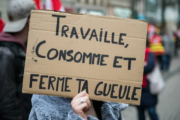 Portrait People Protesting Street Baner Tex French Travaille Consomme Ferme — Stock Photo, Image