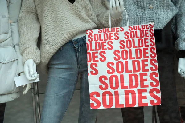 Sinal Desconto Soldes Francês Transação Vendas Sacos Papel Francês Showroom — Fotografia de Stock