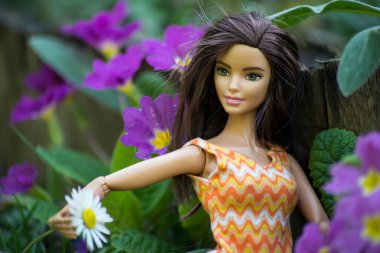 Mulhouse - Fransa - 31 Mart 2021 Halk bahçesinde oturan esmer Barbie bebek portresi