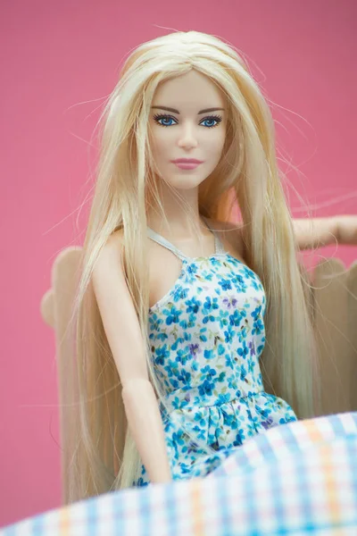 Mulhouse France April 2021 Portrait Blond Barbie Doll Wearing Blue — Stock Photo, Image