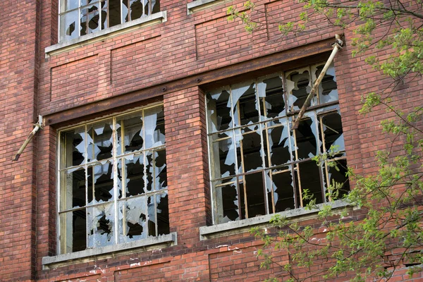 Closeup Broken Windows Abandoned Factory — Stock Photo, Image