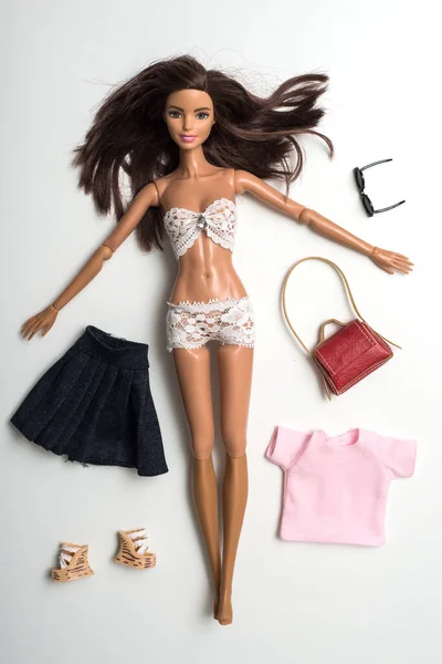 Mulhouse France May 2021 Portrait Brunette Barbie Doll Wearing White — Stock Photo, Image