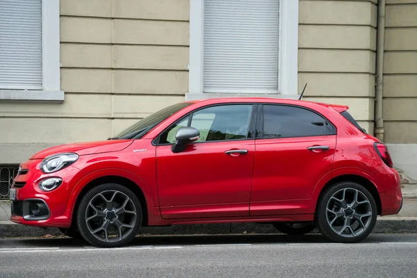 Mulhouse France 2021 Profile View Red Fiat 500X Parked Street — 스톡 사진