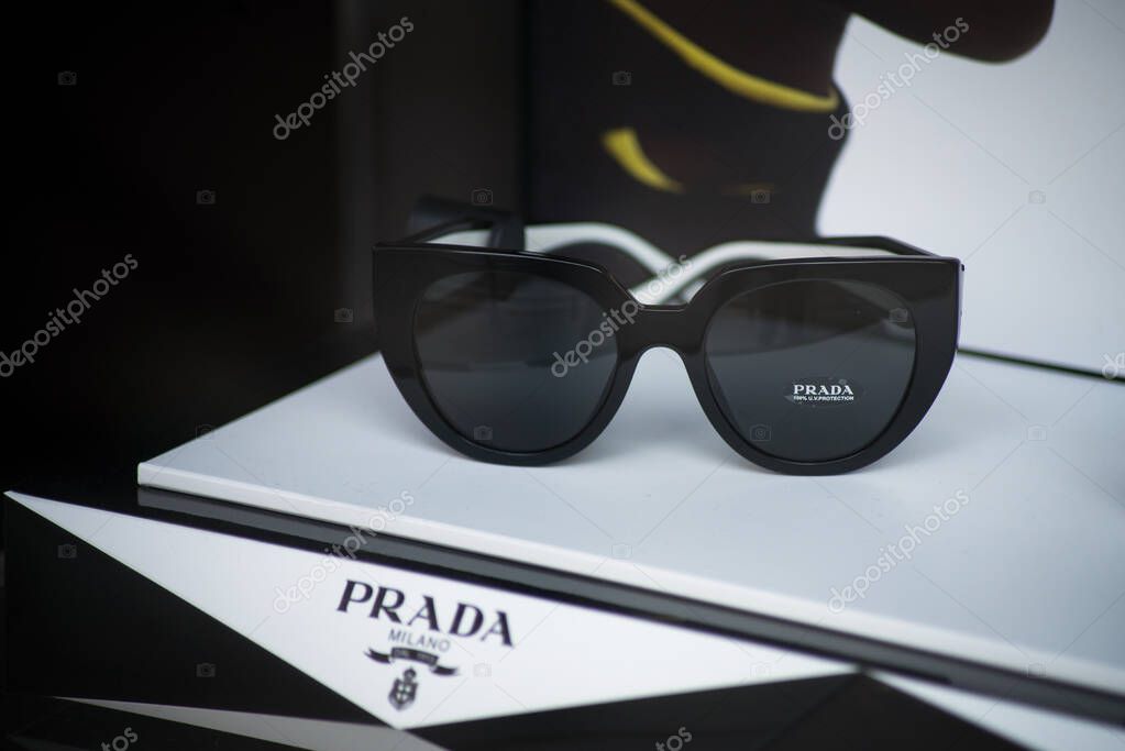 Mulhouse - France - 13 June 2021 - Closeup of sunglasses by PRADA in a fashion store showroom