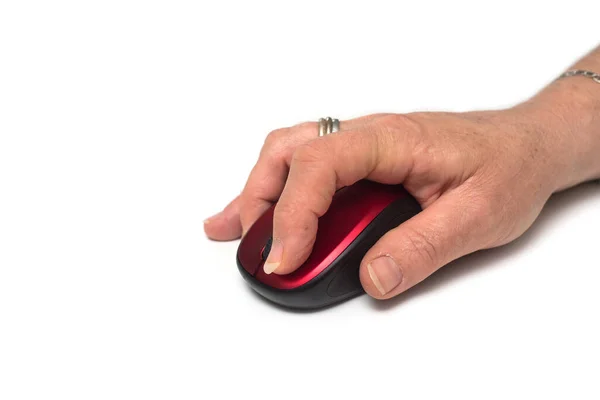 Closeup Red Black Wireless Mouse Computer Hand White Background — Stock Photo, Image