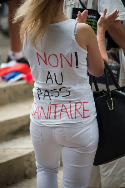 Mulhouse France July 2021 Woman Protesting Sanitary Pass Text French — Stock Photo, Image