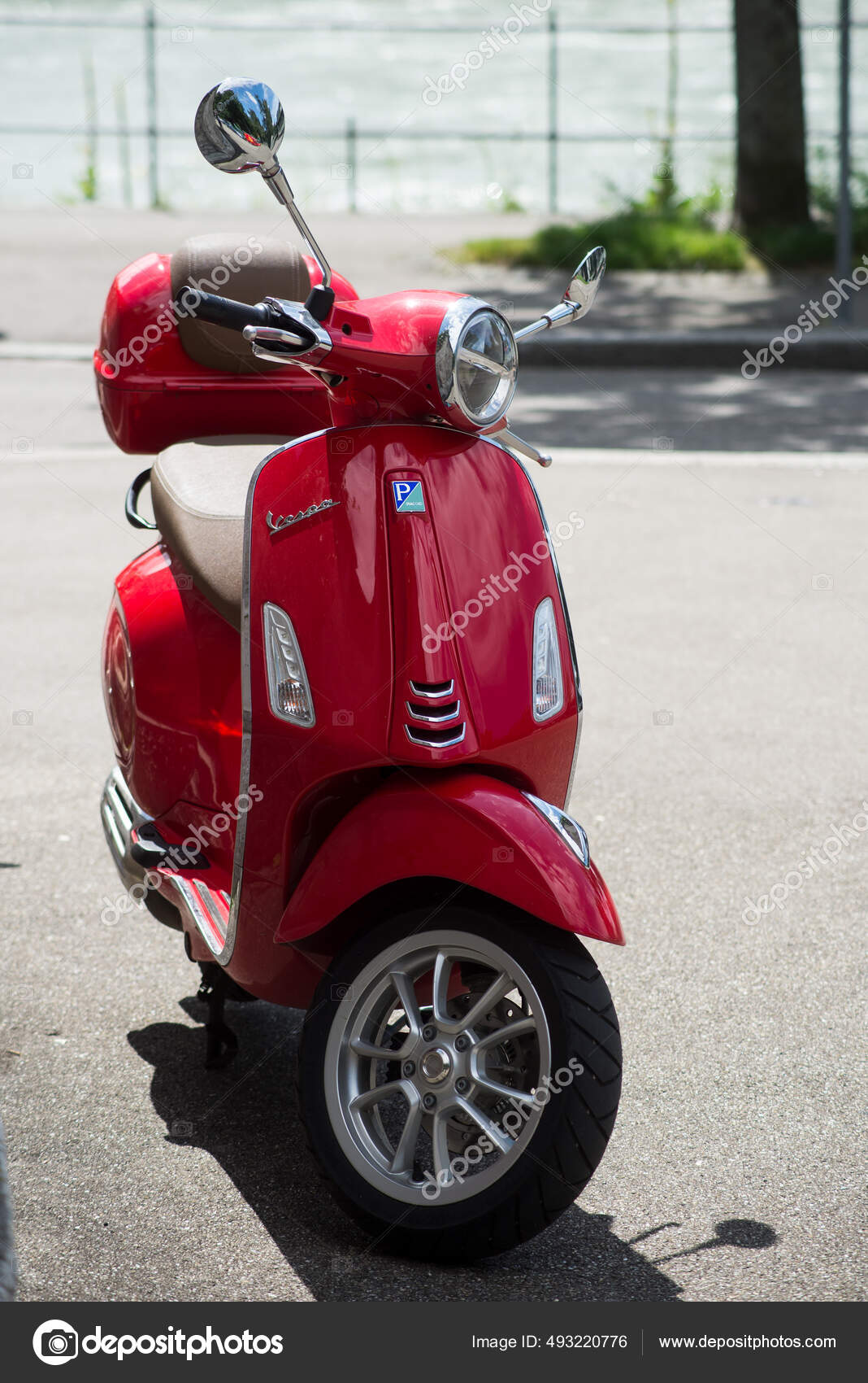 Basel Switzerland August 2021 Front View Red Vespa Scooter Parked - Main Image