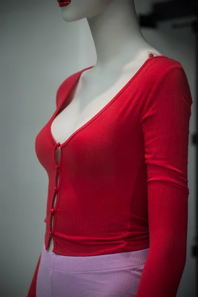 Gros Plan Top Rouge Sur Mannequin Dans Showroom Magasin Mode — Photo