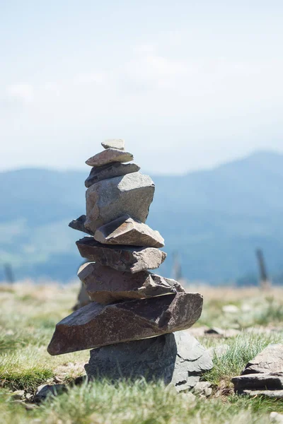 Closeup Stone Balance Top Mountain Blue Sky Background — Stock Photo, Image