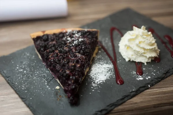 Closeup Blueberry Pie Chantilly Cream Chalk Table Restaurant Terrace Outdoor — Stock Photo, Image