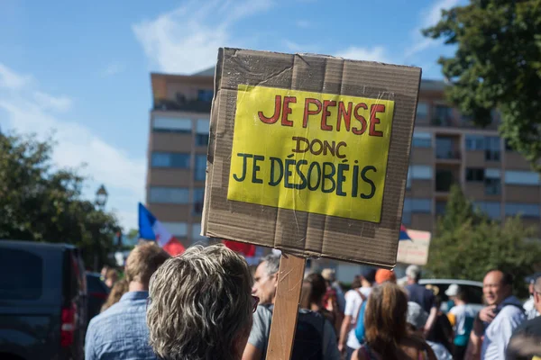 Colmar France September 2021 People Protesting Banner French Pense Donc — Stock Photo, Image