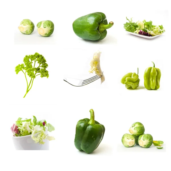 Fehér alapon zöld zöldségek kollázs — Stock Fotó