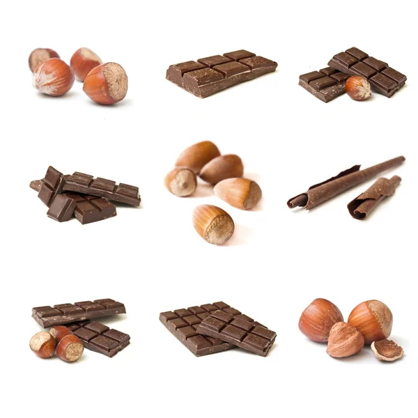 Шоколад і горіхи колаж на білому тлі — стокове фото