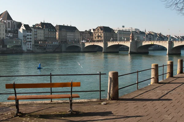 BASEL - Switzerland - 11 February 2015 - bench in front of Rhine river switzerland — Stock Photo, Image