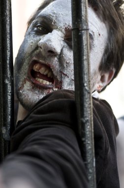 Paris, Fransa - 16 Kasım 2010: Paris'te bir zombi yürüyüş sırasında bir sokakta bir zombi geçit gibi giyinmiş insanlar.