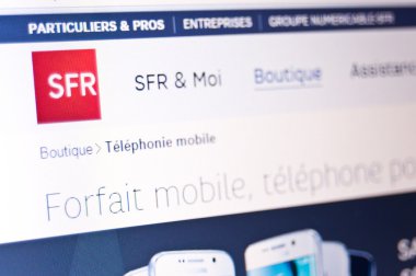 PARIS - France - 19 April 2015 - sfr phone mobile portal screen closeup