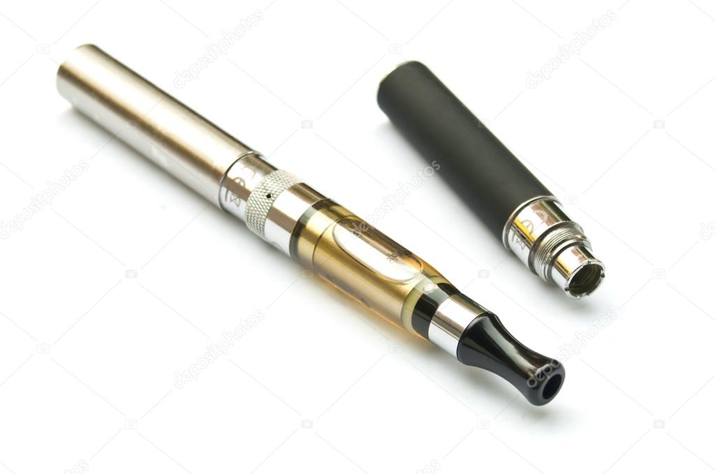 E-cigarette closeup with second battery on white background