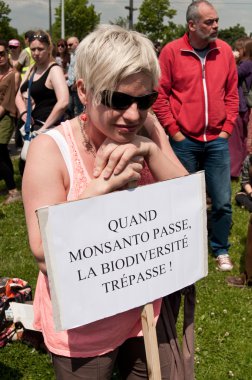 Strazburg - Fransa - 23 Mayıs 2015 - Monsanto ve Transatlantik Avrupa'da GDO üretimi için tedavi karşı gösteri sırasında kadın -