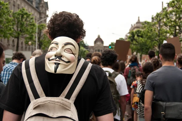 Strazburg - Fransa - 23 Mayıs 2015 - Monsanto ve Transatlantik Karşı Gösteri sırasında anonim maskesi olan insanlar Avrupa'da GMO üretimi için tedavi -