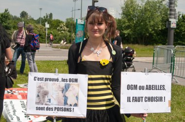 Strazburg - Fransa - 23 Mayıs 2015 - Monsanto'ya karşı yapılan gösteri de bayraklı arı kılığında kadın ve Avrupa'da GDO üretimi için tedavi edilen transatlantik -