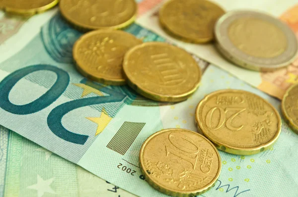 Coins and banknote in euro money — Stock Photo, Image