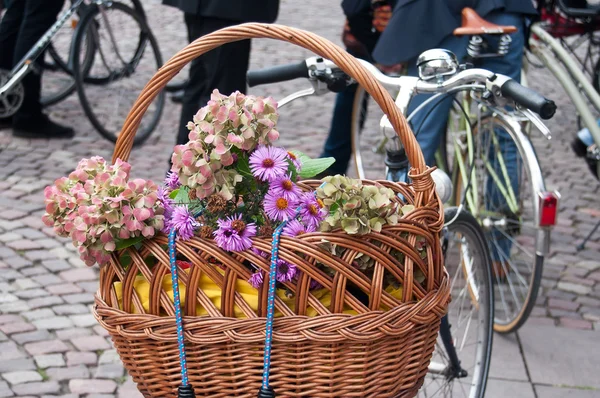 Decorative flowers in basket on bike — Stock Photo, Image