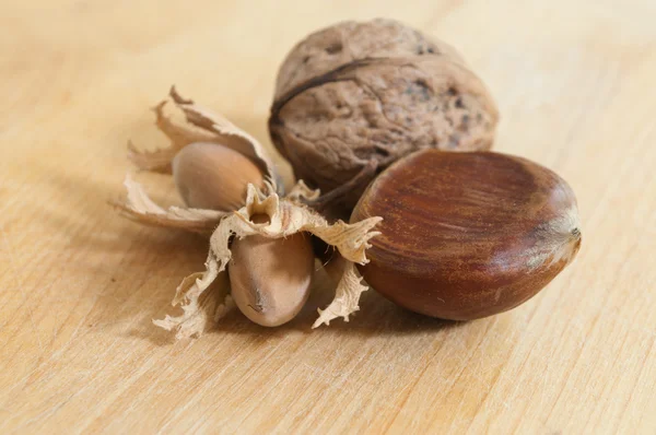 Groep van kastanjes noten en walnoten op houten achtergrond — Stockfoto