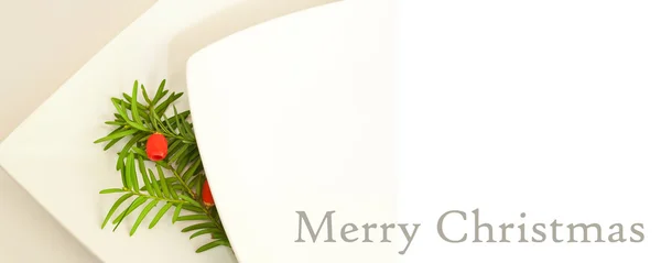 Julkort banner med dekorativ gren av idegran med texten "merry christmas" — Stockfoto