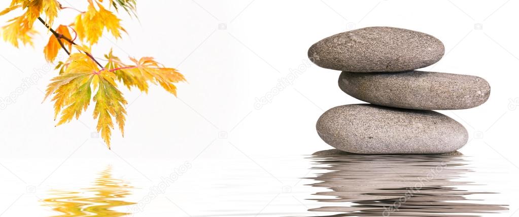autumnal maple leaves and pebbles on water waves reflection