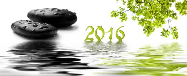 Card happy new year 2016 with raindrops on black pebbles and maple tree in border water reflection — Stock Photo, Image