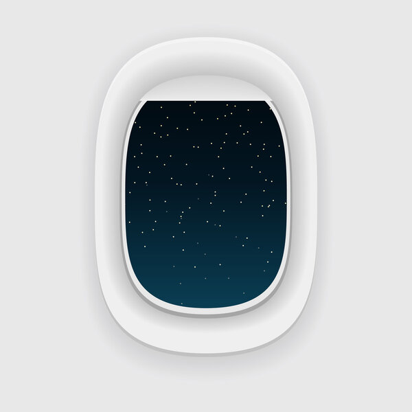 Airplane window, or a porthole, at night. Star sky view. 