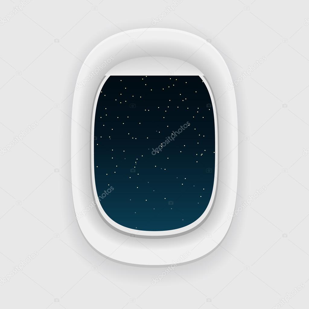 Airplane window, or a porthole, at night. Star sky view. 