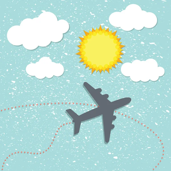 Airplane in the sky between sun and clouds. Flat. — Stock Vector