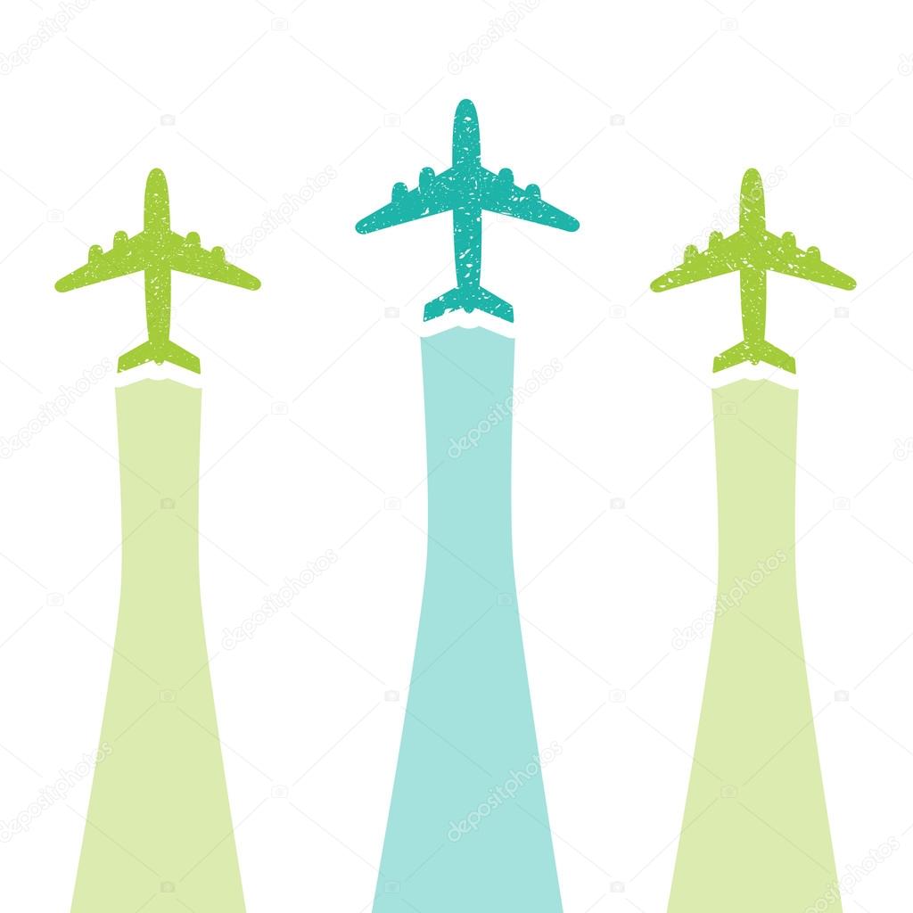 Airplanes with tracks in green colors grunge effect
